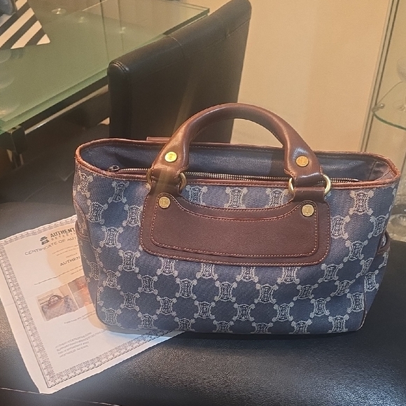 Celine Blue and Brown Satchel with Geometric Pattern AUTHENTIC - Picture 1 of 16